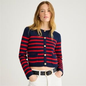J. Crew Emilie Sweater Lady Jacket Cardigan in Stripe Navy Vintage Red XS